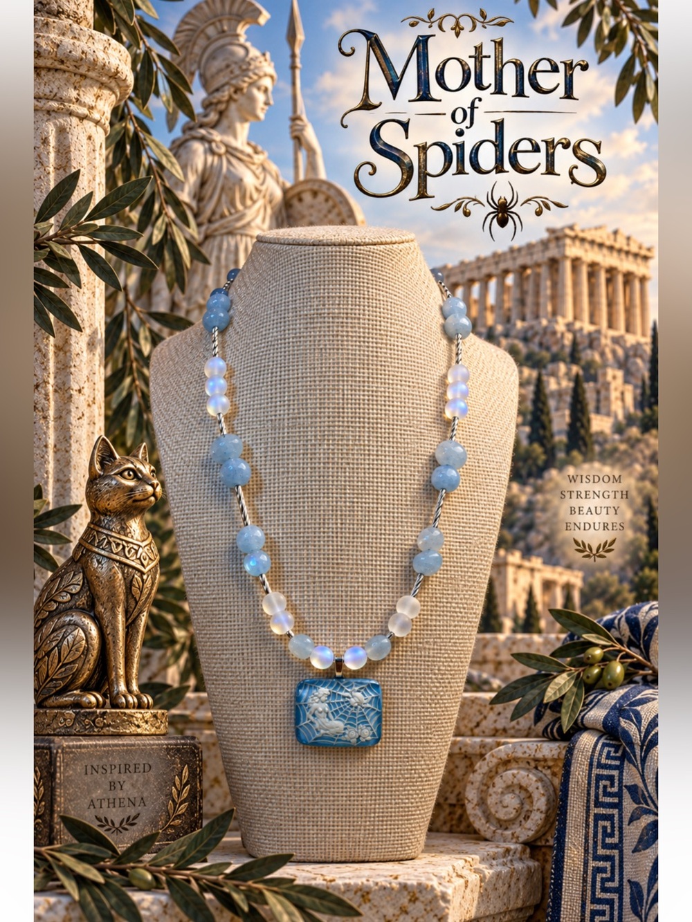 Aquamarine Stone and Mermaid Glass Necklace with Glass Intaglio Pendant